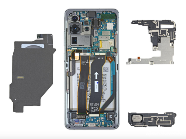 三星S20 Ultra内部结构，一般手机会采用类似的布局（图来自@iFixit）